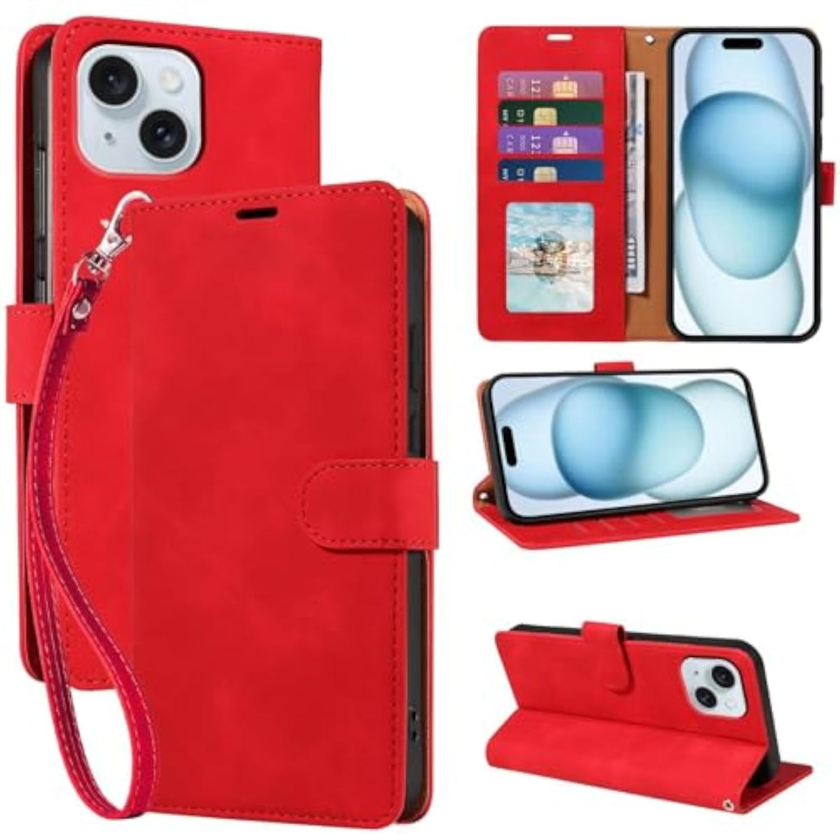 iPhone 15 Wallet Case with RFID Blocking and 4 Card Slots, Red