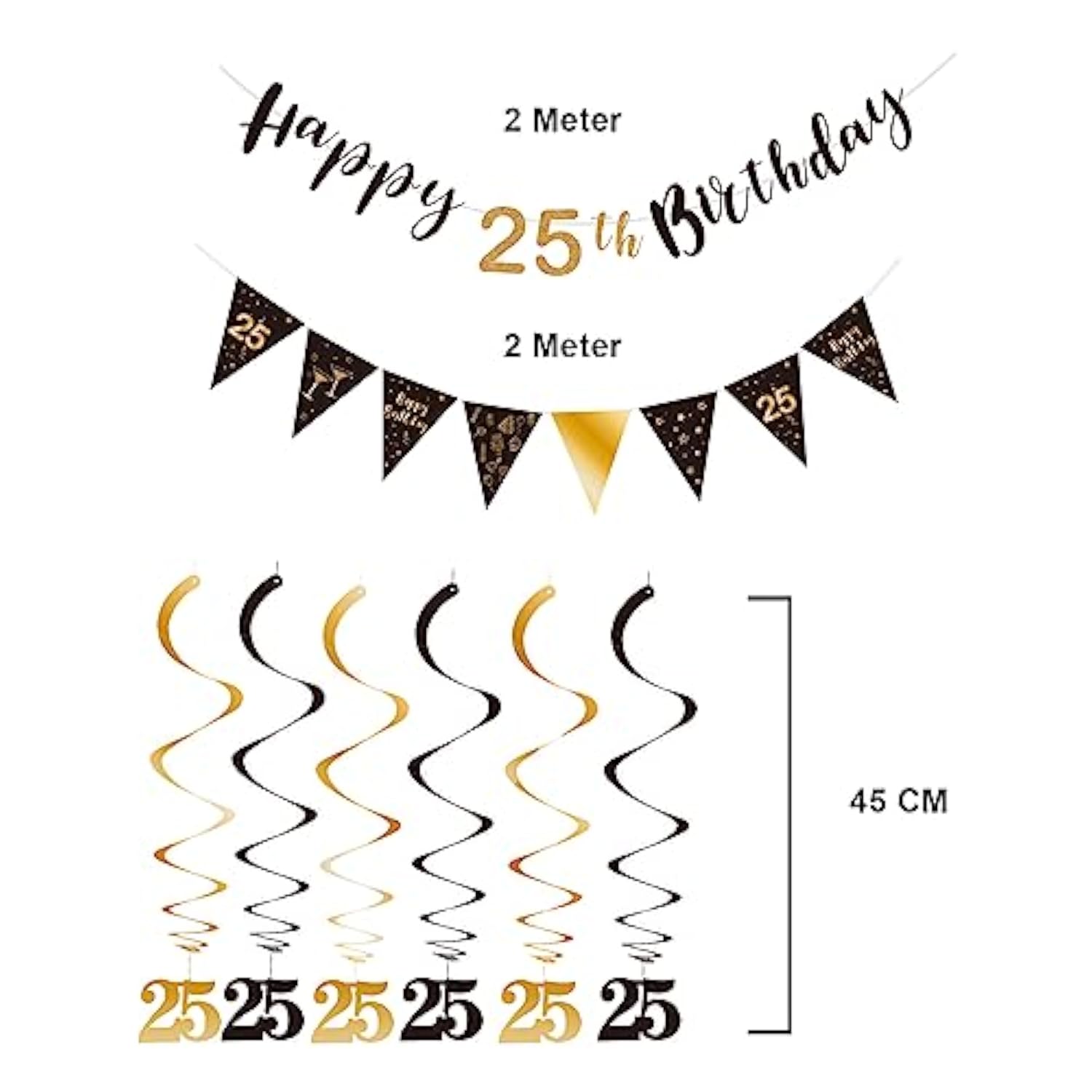 25Th Birthday Decoration Kit For Men Women, Happy 25Th Birthday Banner Bunting Swirls Streamers, Triangle Flag Banner For Birthday Party Decorations Supplies Black And Gold 25Th