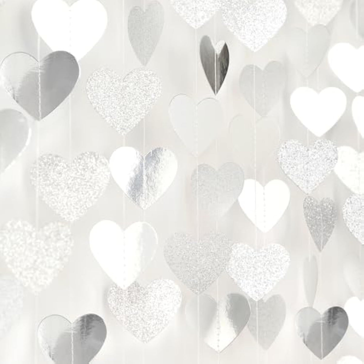 White -Silver Disco Party-Decoration Heart Garland - 52Ft Birthday New Years Eve Hanging Backdrop Streamers,Graduation Engagement Wedding Bachelorette Winter Christmas Banner Decor