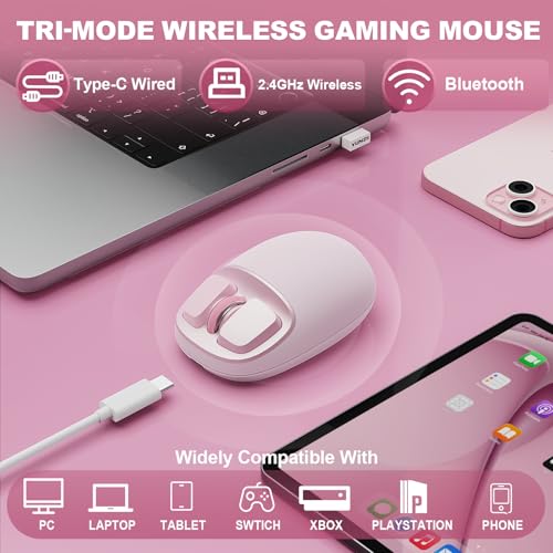 Yunzll C1 Silicone Wireless Mouse, Tri-Mode 2.4G/Usb-C/Bluetooth Mouse, 4800 Dpl Optical Tracking, 6 Adjustment Levels,Customize Mice For Laptop, Computer, Ipad, Macbook (Pink)