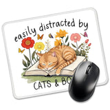 Easily Distracted By Cats And Books Rectangular Mouse Pad, Funny Mouse Pads For Desk, Cat Lover Book Lover Desk Accessories, Cute Cat Mouse Mat Gifts For Friend Coworkers Reader Lover