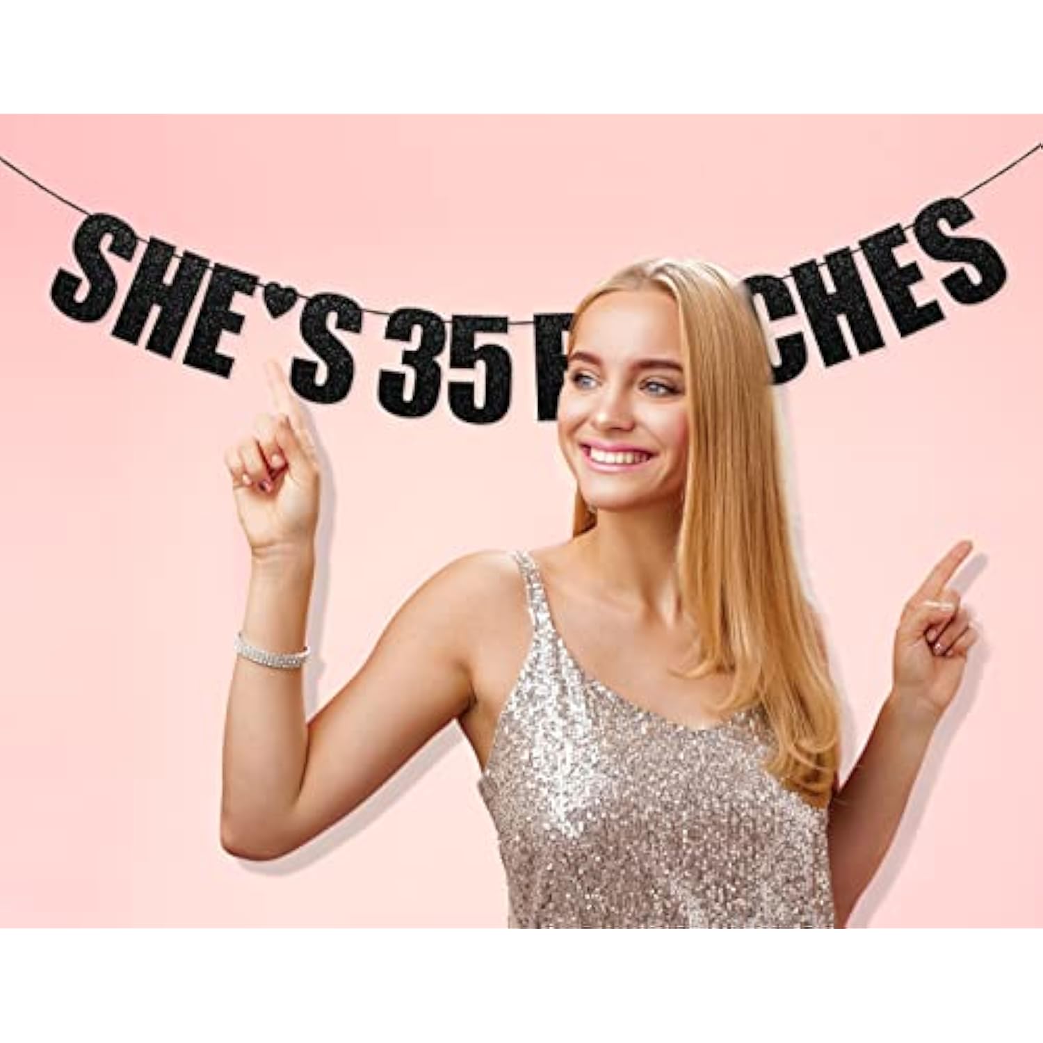 Pre-Strung 35Th Birthday Party Decorations Banner For Women With She'S 35 Bitches Black Glitter Letters Sign For Her