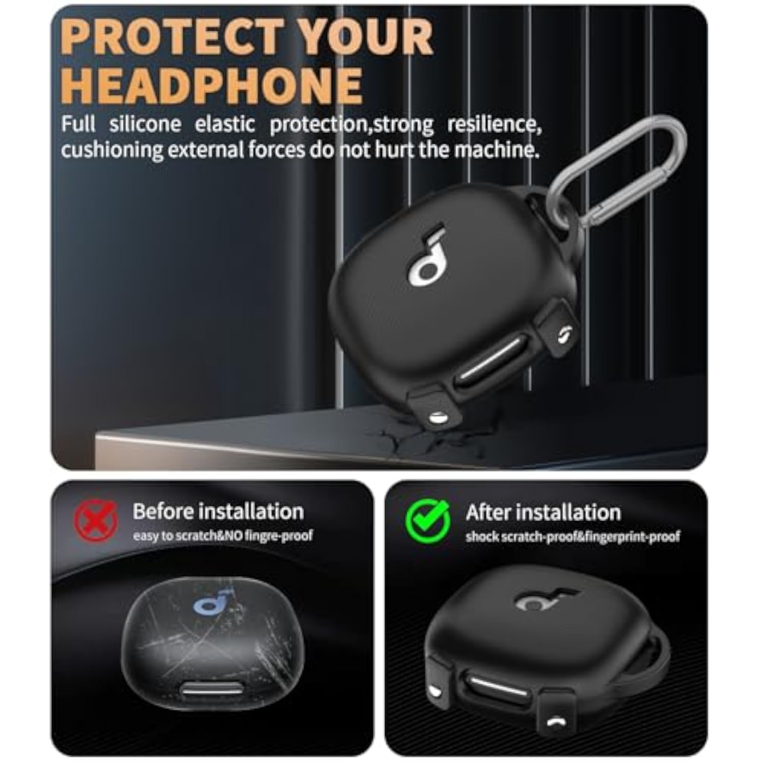 Soundcore Sport X20 Case Cover, Secure Lock Design, Soft Silicone Protective Scratch Resistant Logo Visible Cover for Anker Charging Case with Carabiner - Black