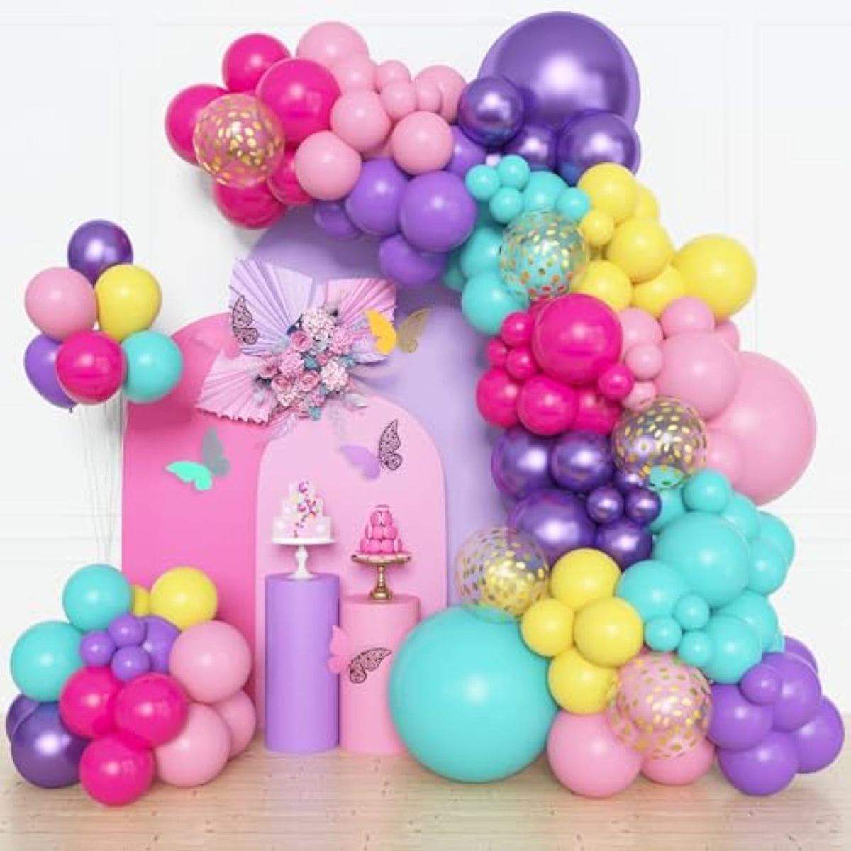 153pcs Purple Blue Pink Balloon Arch Kit with Teal Yellow Metallic Confetti