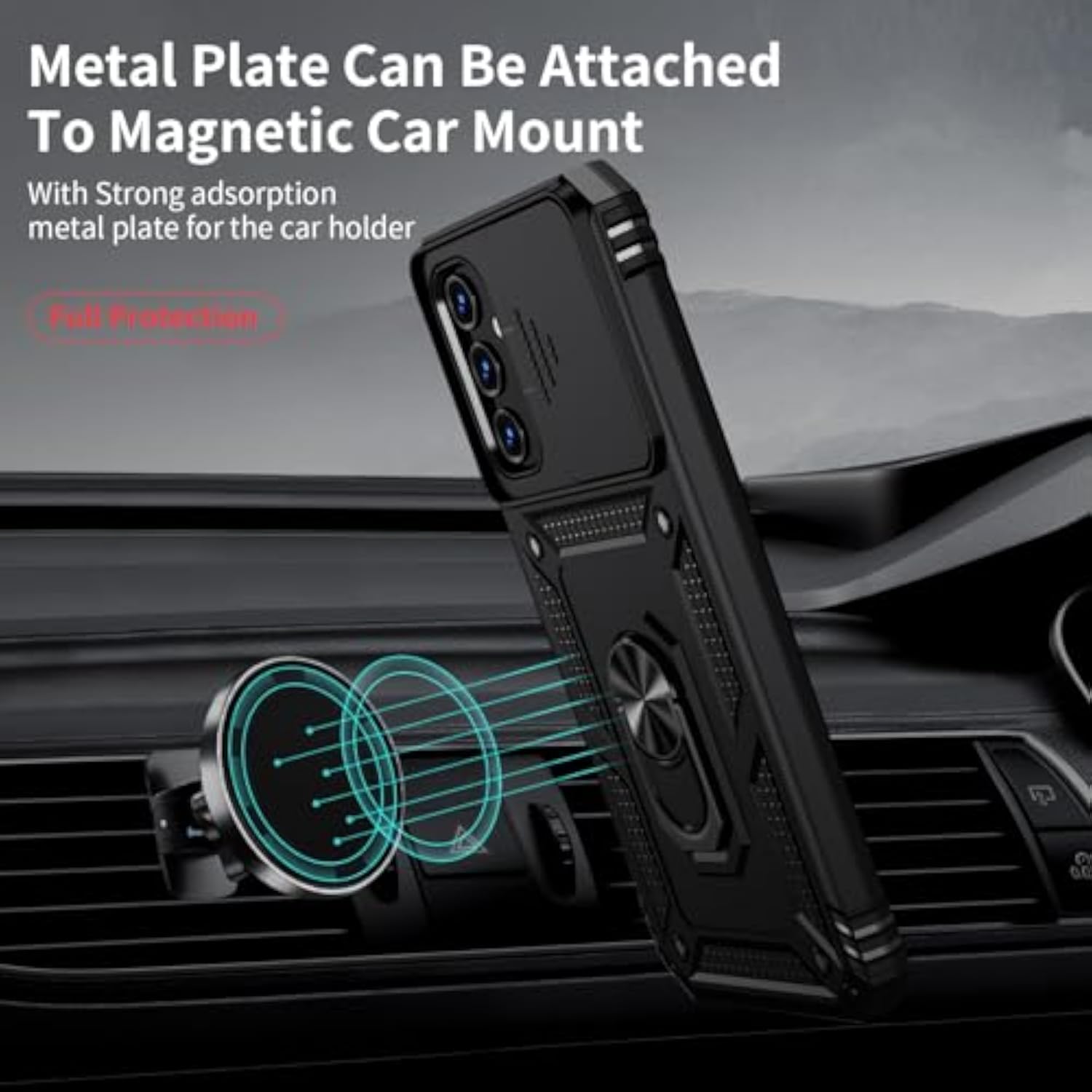 Samsung Galaxy A25 5G Case with Camera Lens Cover, HD Screen Protector, 10 FT Military Grade Drop Protection, Magnetic Ring Holder Kickstand Protective Phone Case for Galaxy A25 5G, Black