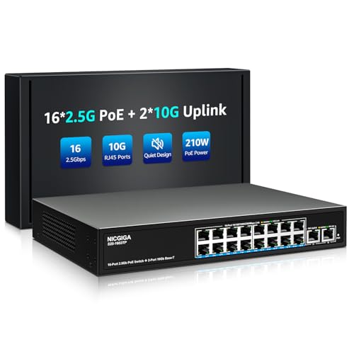 16 Port 2.5G Poe Switch Unmanaged With 16 Port 2.5Gb Base-T Poe+@250W + 2 X 10G Rj45 Uplink, 18 Port 2.5Gbe Ieee802.3Af/At Power Over Ethernet Switch, Support Wifi6 Ap, Nas, 4K Poe Camera Nvr.
