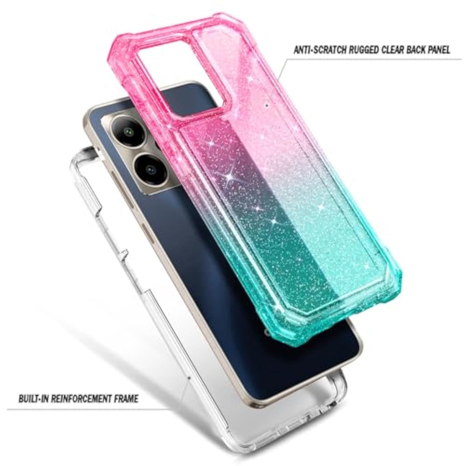 For Cricket Outlast 5G 2024 Case, At&T Motivate Pro 5G With [Built-In Screen Protector], [9Ft Military Grade Drop Tested] Full-Body Protective Shockproof Bumper Case (Glitter Pink/Aqua)