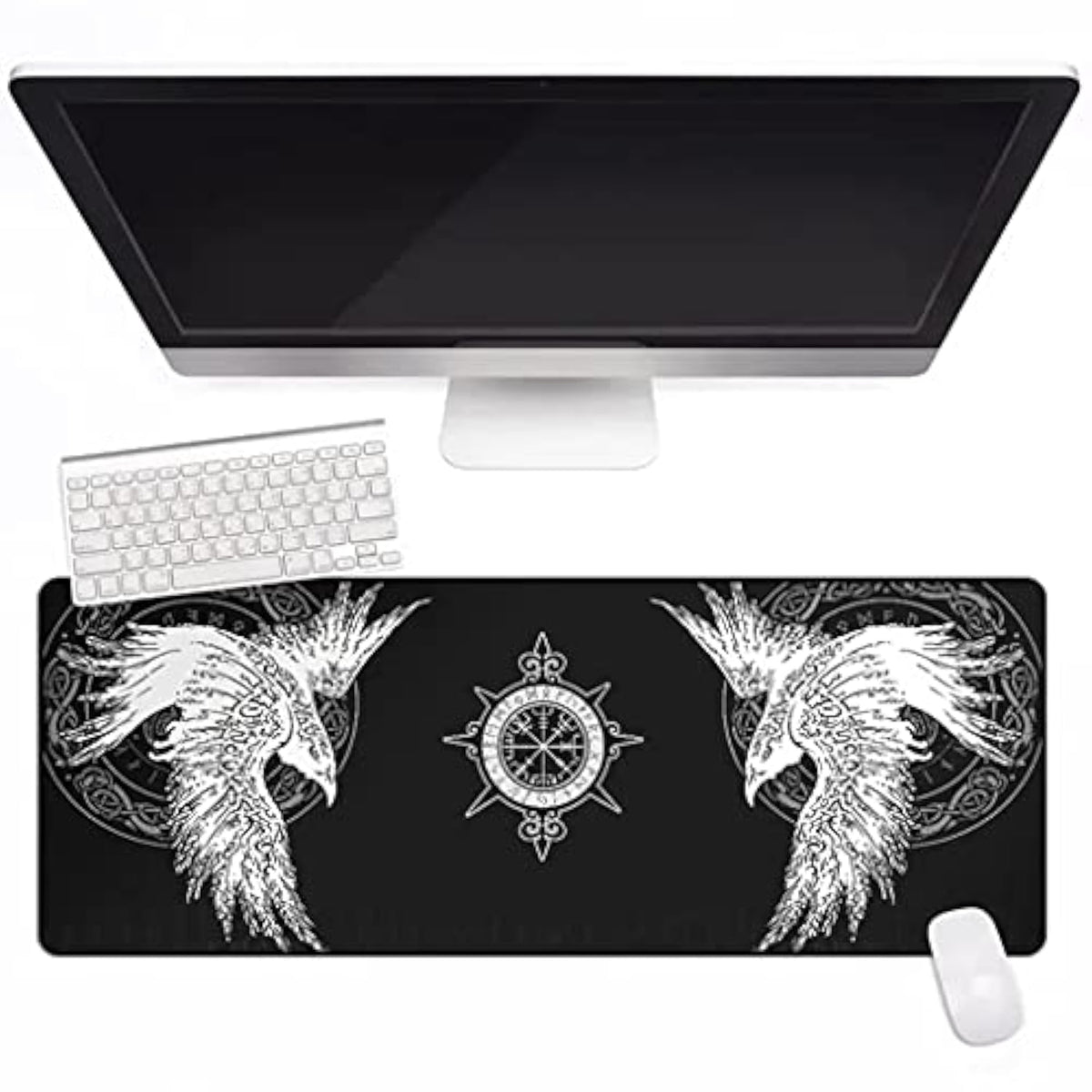 Viking Raven Rune Vegvisir Mouse Mat, 3D Print Tattoo Big Extended Desk Game Keyboard Pad With Non-Slip Base And Stitched Edge For Office & Home,Black,35.4" X 15.7"