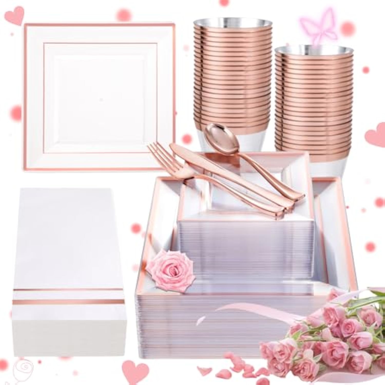 350Pcs Rose Gold Plastic Plates - Clear Rose Gold Disposable Dinnerware Sets For 50Guests Include 100 Plates 50 Cups 50Plastic Cutlery 50Napkins Perfect For Party&Wedding&Mother'S Day
