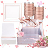 350Pcs Rose Gold Plastic Plates - Clear Rose Gold Disposable Dinnerware Sets For 50Guests Include 100 Plates 50 Cups 50Plastic Cutlery 50Napkins Perfect For Party&Wedding&Mother'S Day