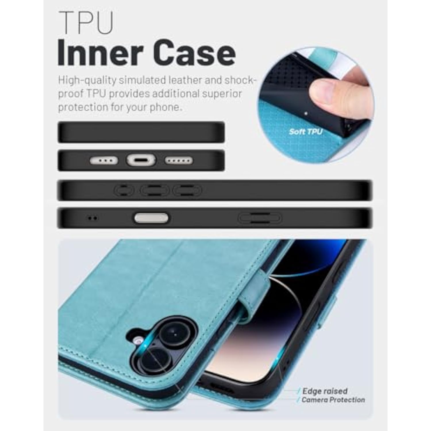iPhone 16 Wallet Case, PU Leather Folio with Card Holders, RFID, Kickstand, Ice Blue