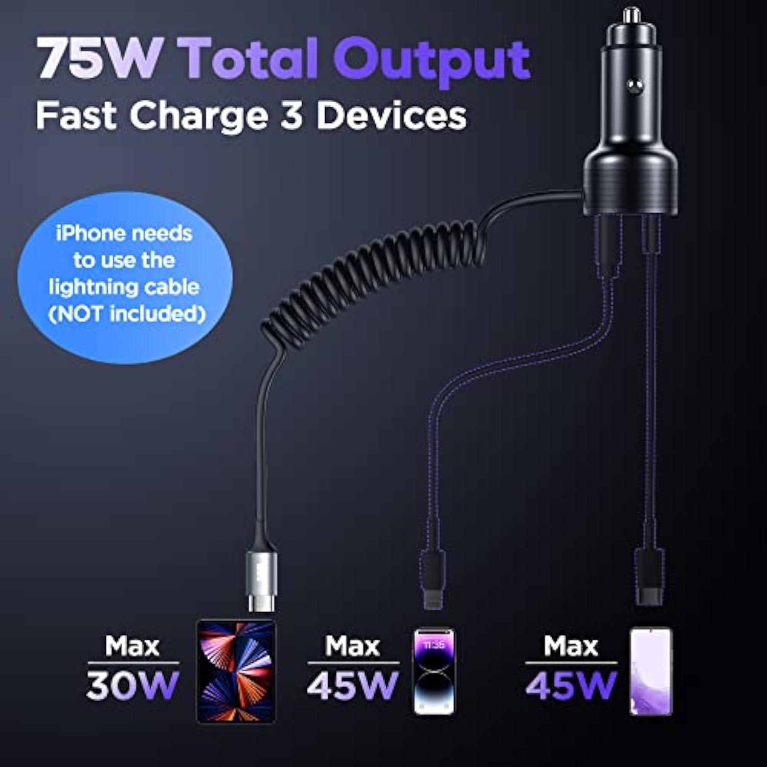 Usb C Car Charger, 75W Metal 3-Port Super Fast Car Charger Adapter Pd & Qc3.0 Built-In 6Ft Type C Coiled Cable For Samsung Galaxy S22/21 Iphone Ipad Pro Pixel Android Phones