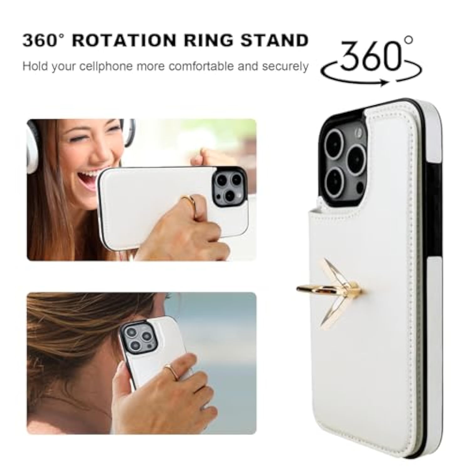 Onetop For Iphone 16 Pro Max Wallet Case With Card Holder, 360° Rotation Ring Kickstand Rfid Blocking Pu Leather Double Magnetic Clasp Shockproof Cover For Women And Girls 6.9 Inch (White)