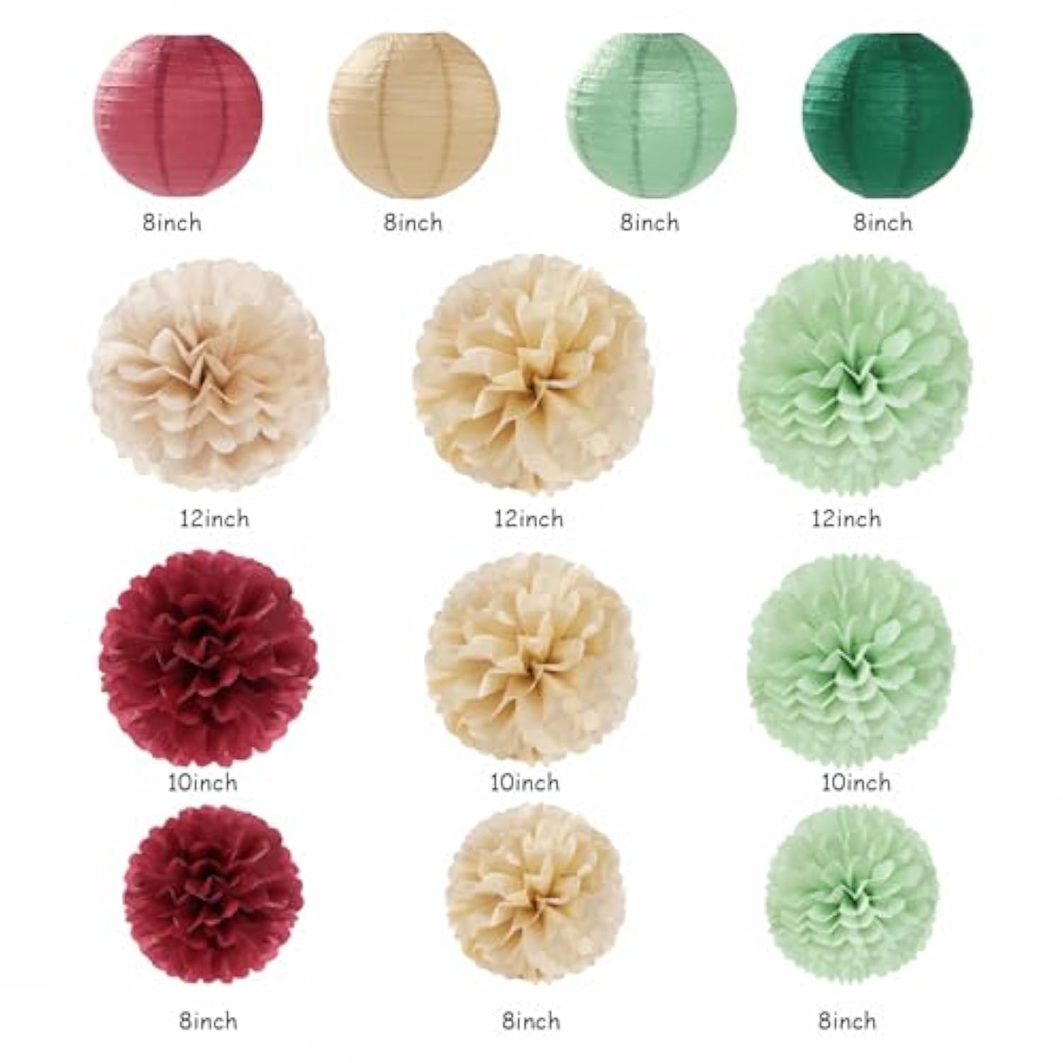 Sage-Olive Green Burgundy-Champagne Boho Party-Decorations - 20Pcs Birthday Paper Lanterns Fans,Tissue Pom Poms,Honeycomb Balls,Bunting,Christmas Bridal Baby Shower Wedding Engagement Decor