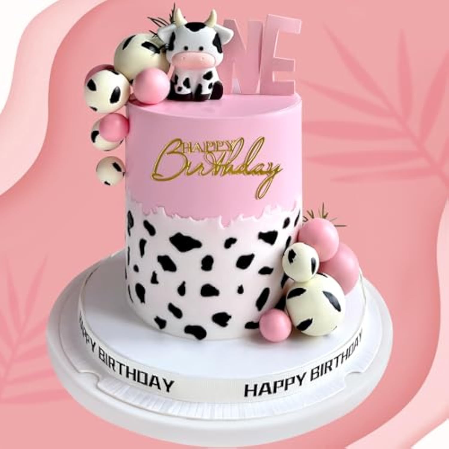 14 Pcs Cow Cake Decorations Pearls Balls Cake Toppers With Gold Happy Birthday Acrylic Cake Topper For Baby Shower Wedding Birthday Party Decor (Pink)