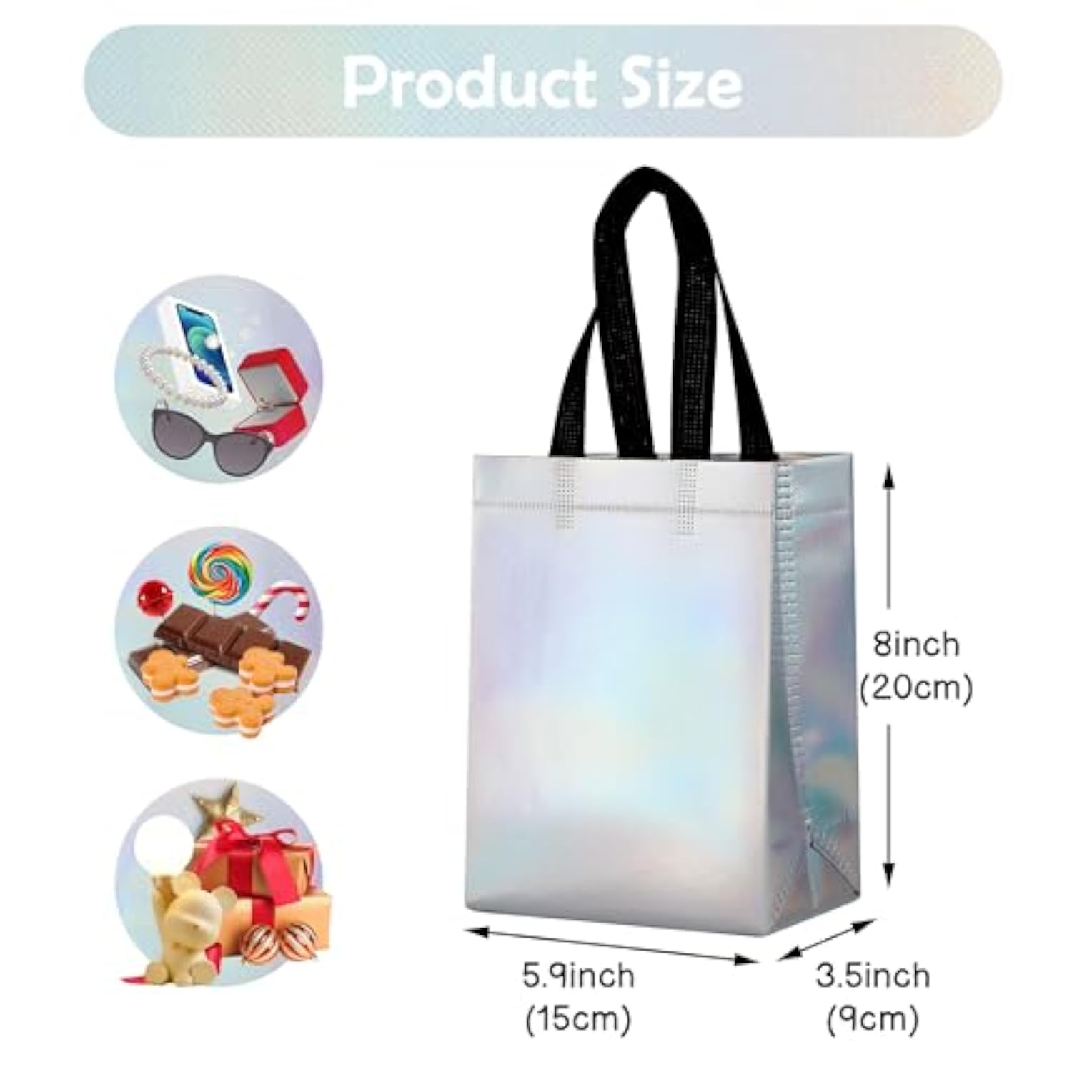 25 Pack Gift Bags With Handles,Small Gift Bags,Non-Woven Bag For Birthday,Baby Shower,Crafts, Christmas,Party Supplies,Iridescent,5.9" L X 3.5" W X 8" H
