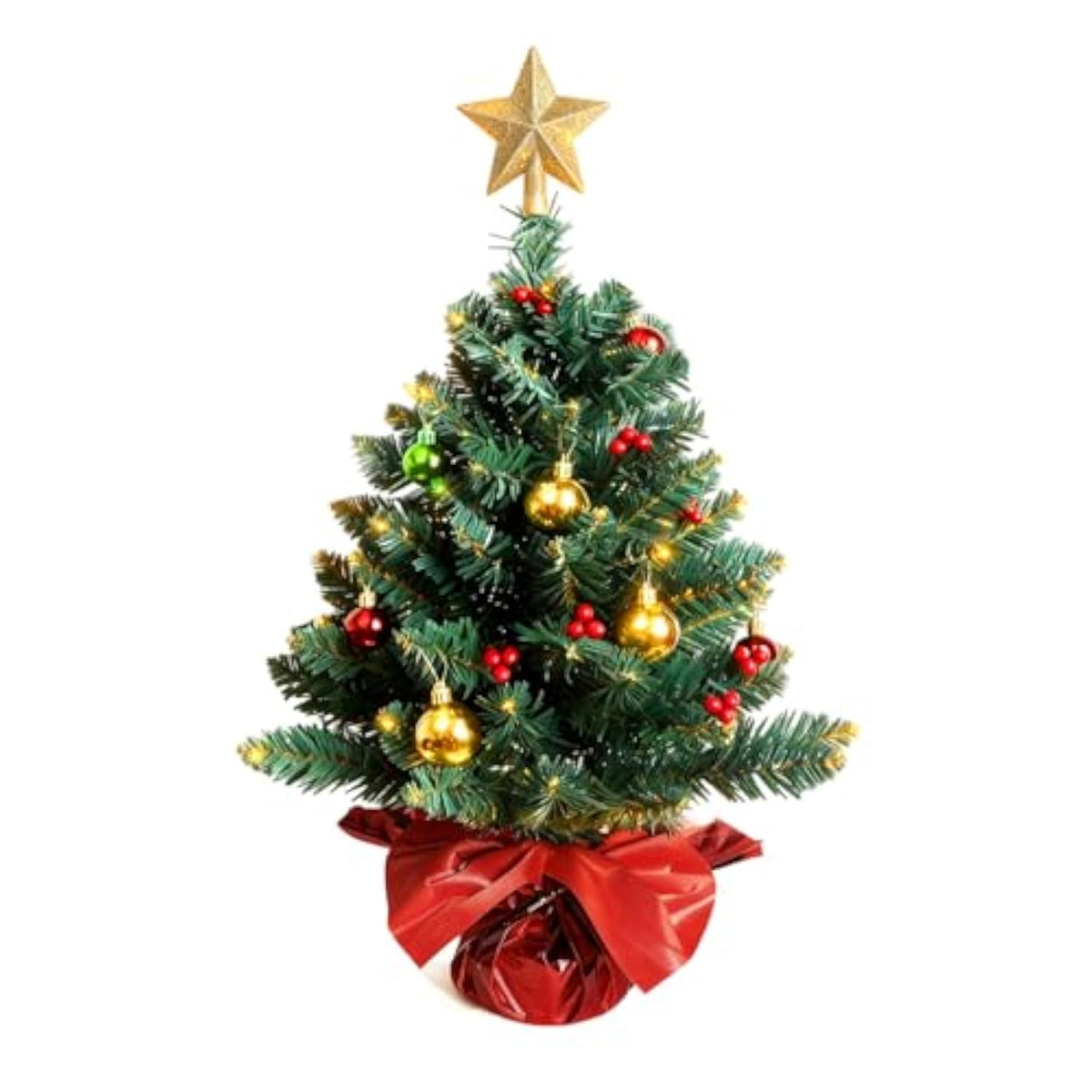 24 Inch Tabletop Christmas Tree, Artificial Mini Xmas Pine Tree With Led String Lights And Ornaments,Christmas Decoration Tree Decor-Red