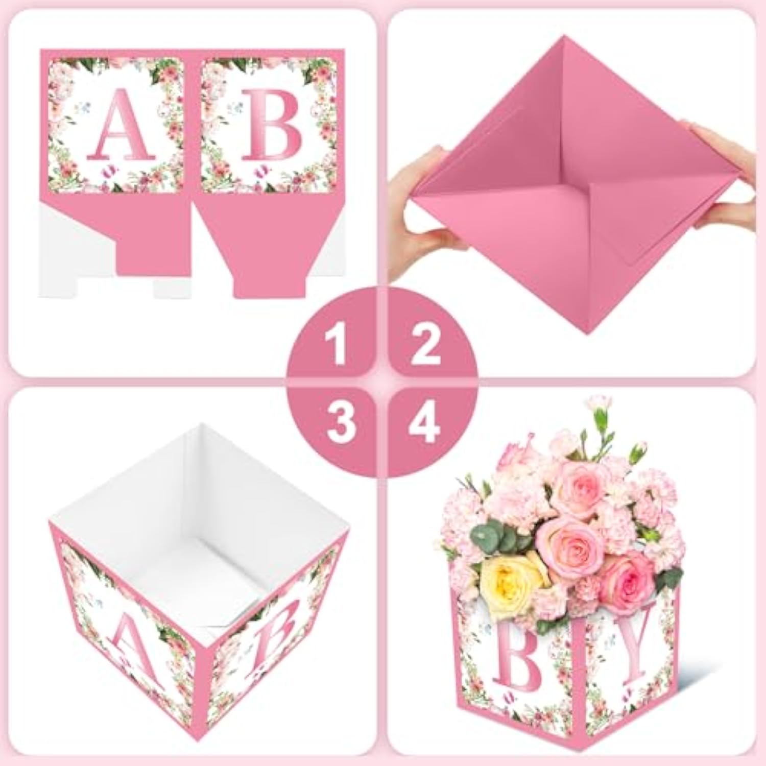 6 Pack 7X7X7 Inches Pink Floral Baby Shower Centerpiece Boxes With 'Baby' Letters, Perfect For Girl Baby Shower, Gender Reveal Party Favors, Flower Arrangements, And Table Decorations