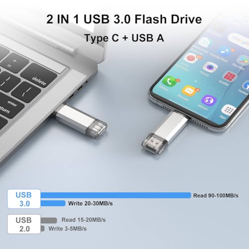 32Gb Usb C Flash Drive, 2 In 1 Usb 3.0 Type C Dual Otg Metal Thumb Drive Jump Drive Memory Stick With Keychain Suitable For Usb-C Smartphones, Macbook, Computers And Tablets (Silver)