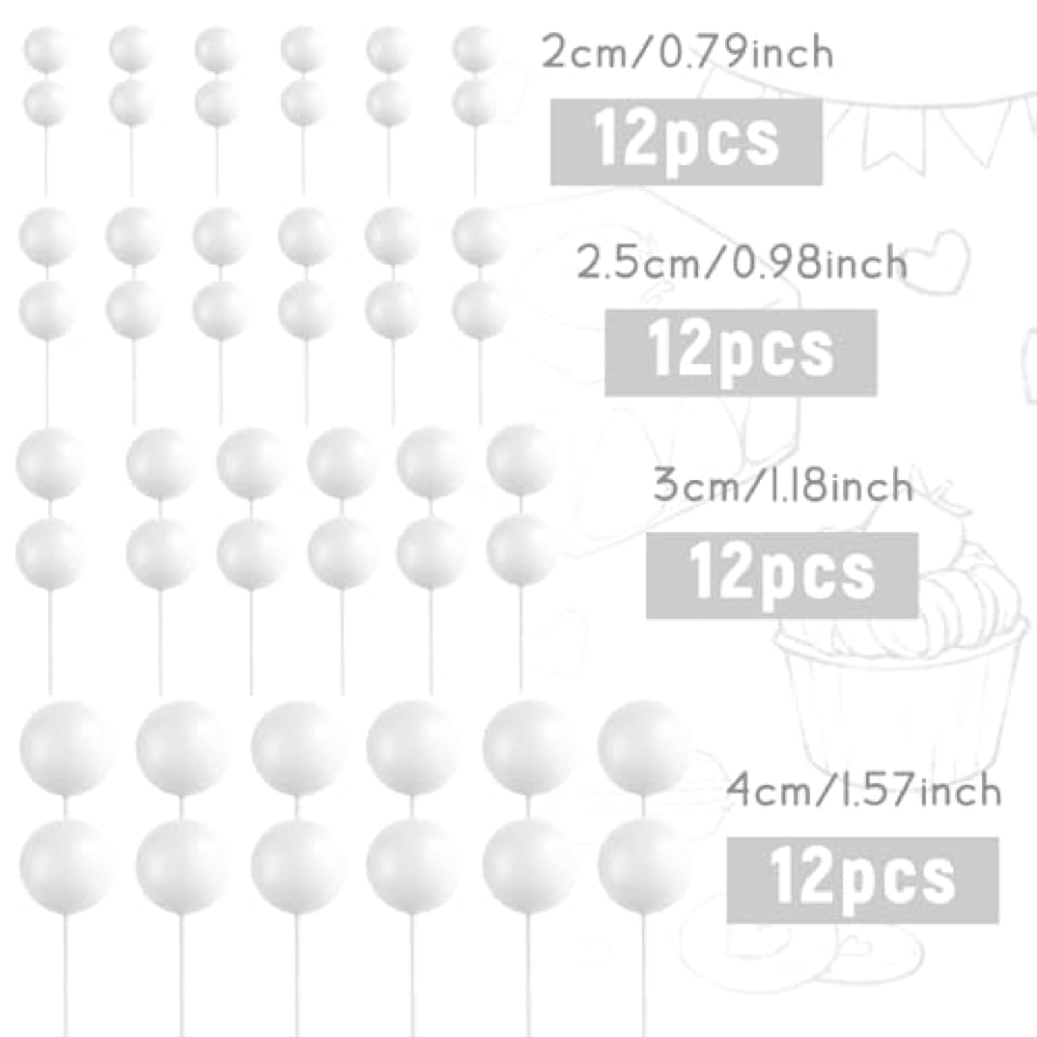 48 Pcs White Balls Cake Topper Decorations Balloon Cupcake Toppers Foam Cake Topper Balls Cake Balls Decorations For Birthday Party Wedding Anniversary Cake Decorating