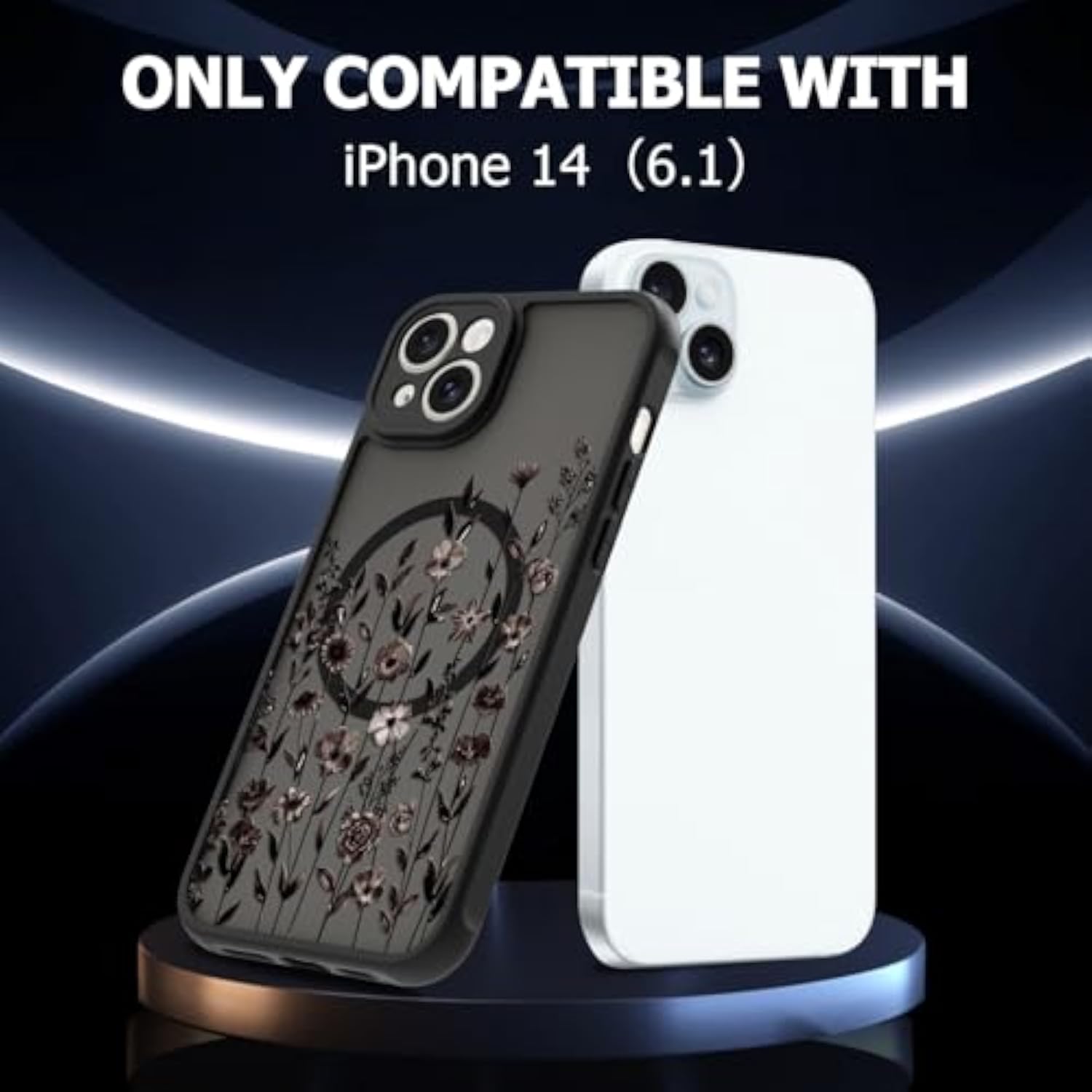 Magnetic iPhone 14 Case for Women with Black Floral Design