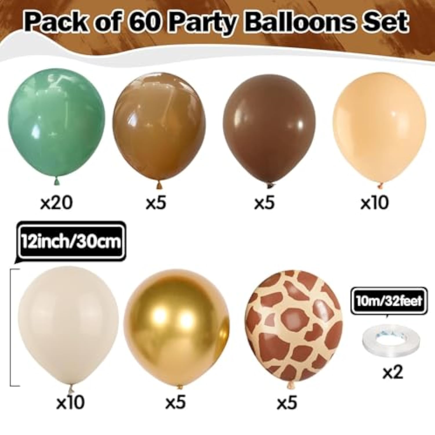 60pcs Jungle Safari Balloon Kit – Green, Brown, Gold, Cream for Baby Shower & Birthday Decor