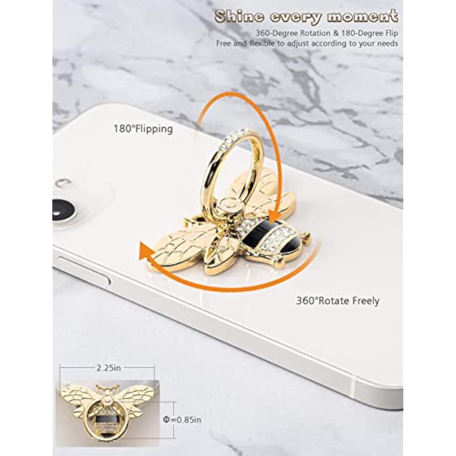 Bee Phone Ring Holder Kickstand with Crystal, Cute Grip for iPhone, Gold Black