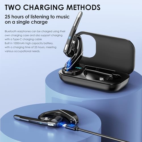 Bluetooth Headset V5.3, Wireless Earpiece With 1000Mah Charging Case, 96H Talktime, Hands Free Noise Canceling Headphones With Dual-Mic For Computer Cell Phones Trucker Home Office Work