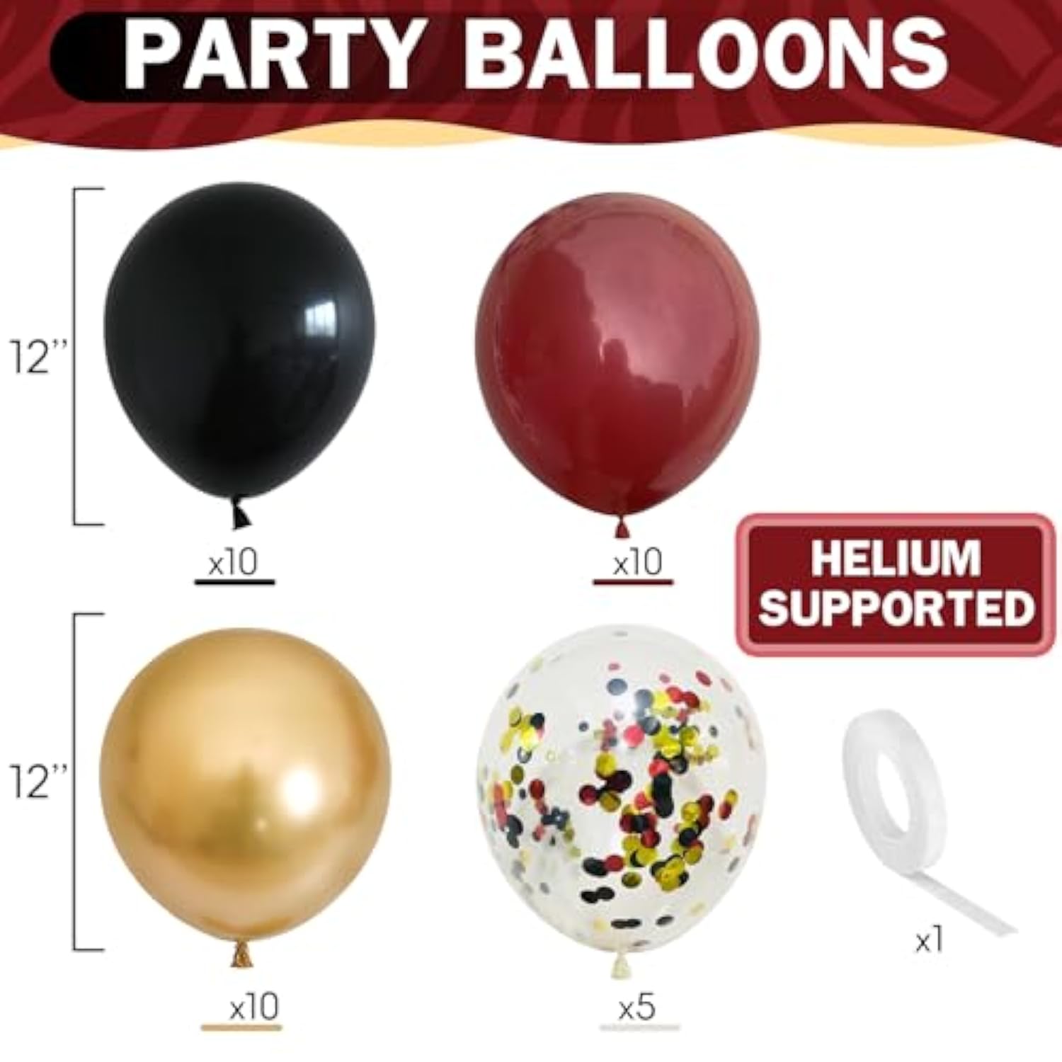 Black Burgundy Gold Balloons 12 Inch Metallic Latex Confetti for Party Decorations