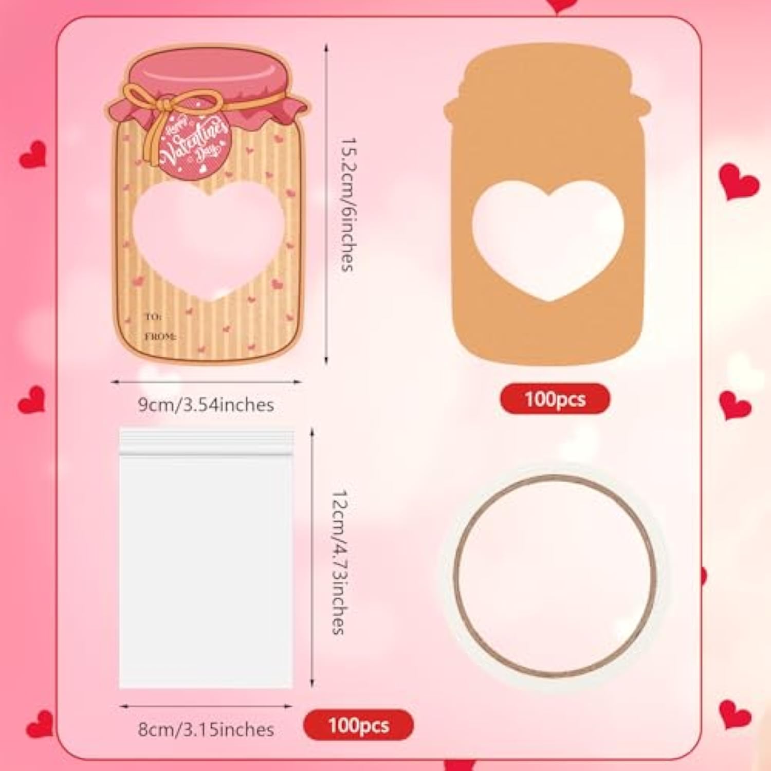100 Set Valentines Day Candy Cards Candy Making Kit Kraft Paper Mason Jar Personalized Valentine Exchange Cards For Prize Party Gifts(Classic)