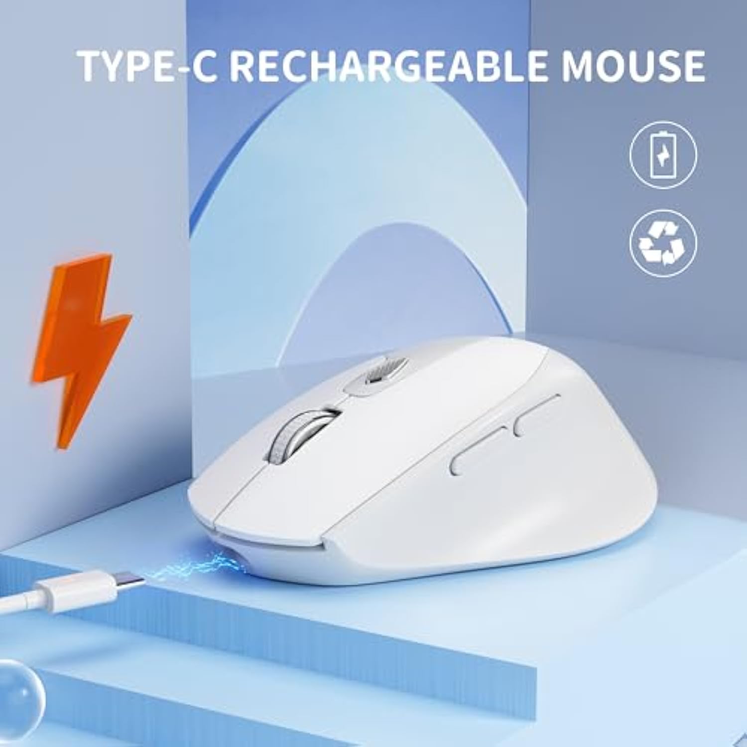 M7 Bluetooth Mouse, Rechargeable Dual Mode Bt5.1+ 2.4Ghz Usb Silent Wireless Mouse With Type C Adapter & Battery Indicator, Ergonomic Design For Laptop, Ipad, Macbook-White And Grey