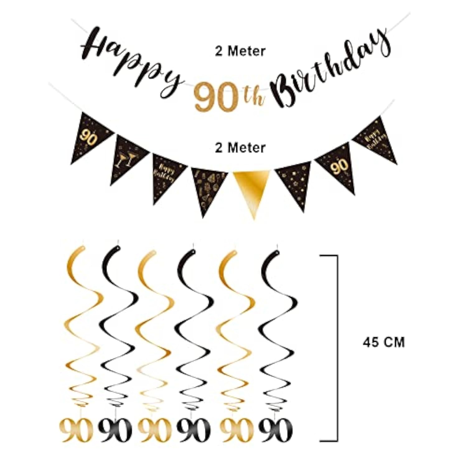 90Th Birthday Decoration Kit Happy 90Th Banner Swirls Streamers Black Gold