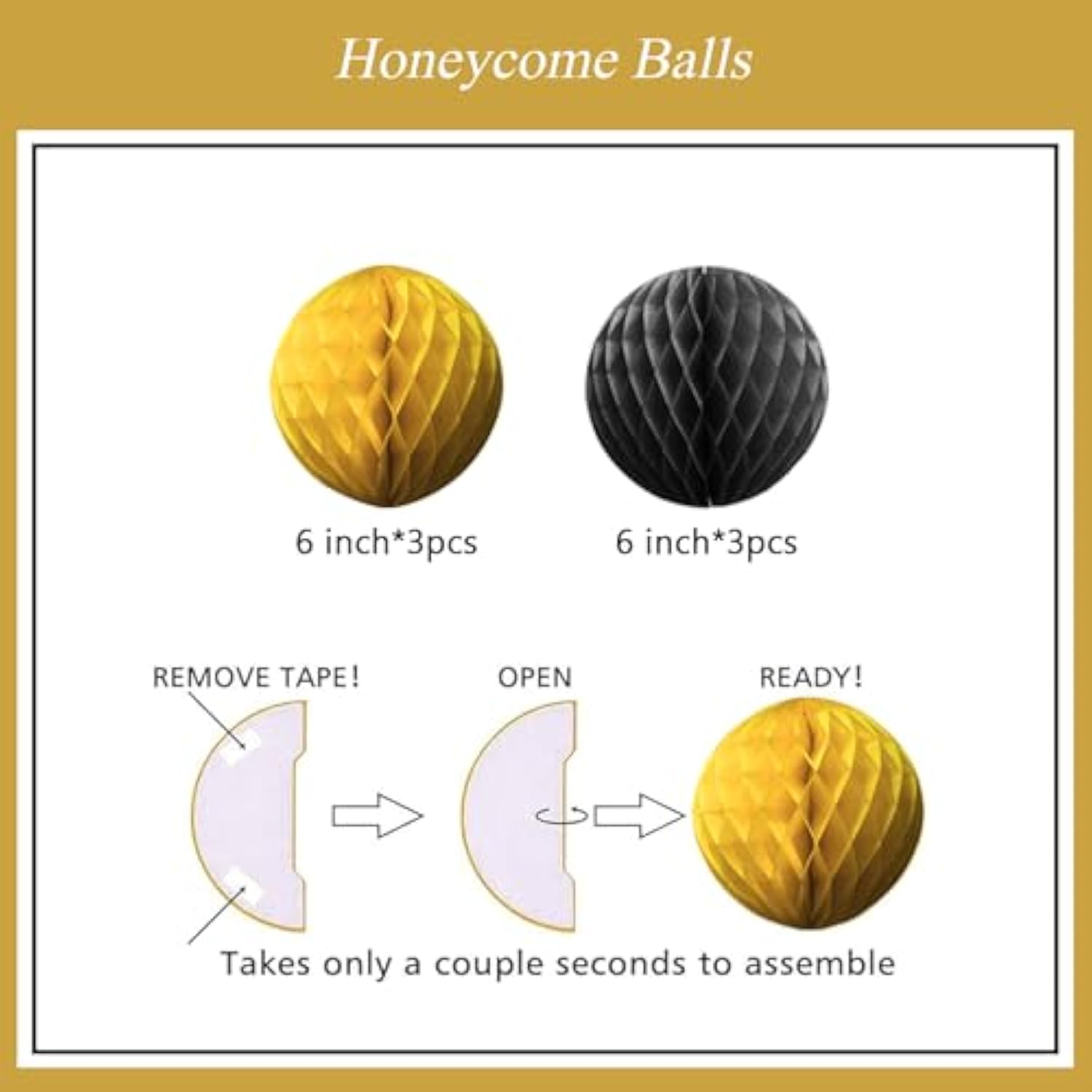 Black & Gold Birthday Decor Banner, Balloons, Honeycomb Balls & Streamers