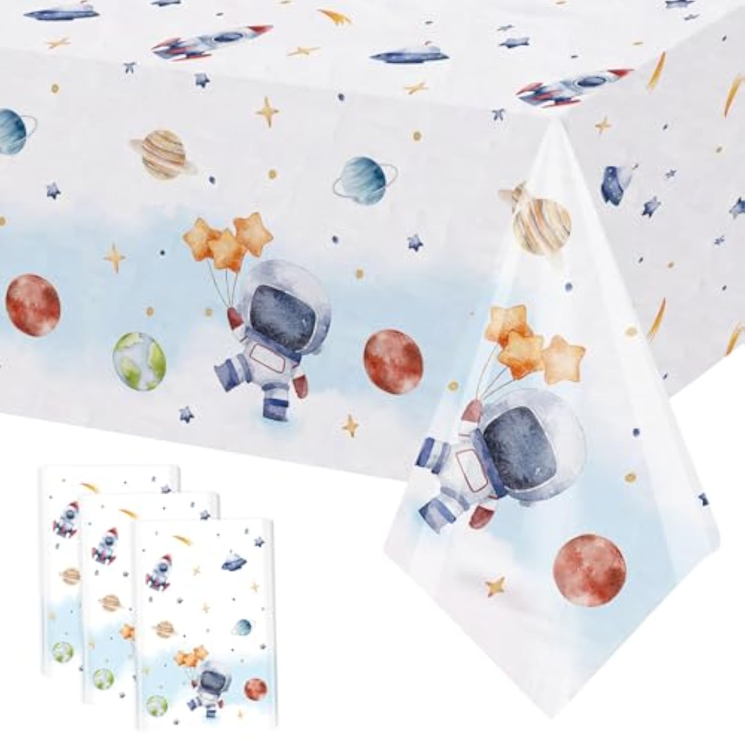 3Pcs First Trip Around The Sun Tablecloth 108X54 Inch Space Birthday Plastic Disposable Outer Space Table Cover Solar System Table Decoration Space Theme Party Baby Shower Supplies