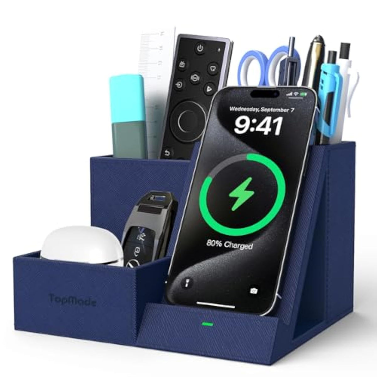 Wireless Charger With Desk Nightstand Organizer, Leather Pen Pencil Holder Bedside Fast Charging Station, For Iphone Charging Stand Office Supplies Desk Accessories, Gifts For Men(Blue)