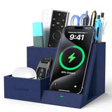 Wireless Charger With Desk Nightstand Organizer, Leather Pen Pencil Holder Bedside Fast Charging Station, For Iphone Charging Stand Office Supplies Desk Accessories, Gifts For Men(Blue)