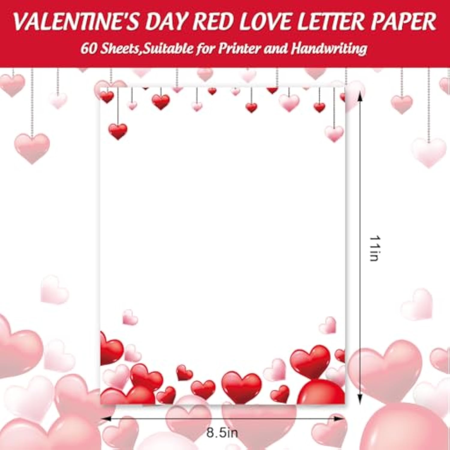 60 Sheets Valentine'S Day Stationery Letterhead Paper Red Pink Love Heart Realistic Letter Writing Paper For Wedding Note Greeting Office Printing, 8.5 X 11 Inch, Single-Sided