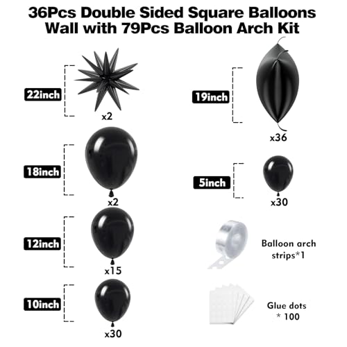 36pcs Black Square Foil Balloons Wall Backdrop with 79pcs Balloon Garland Arch Kit, Double Sided Balloons Set for Birthday Bridal Shower Anniversary New Year Graduation Party Decorations