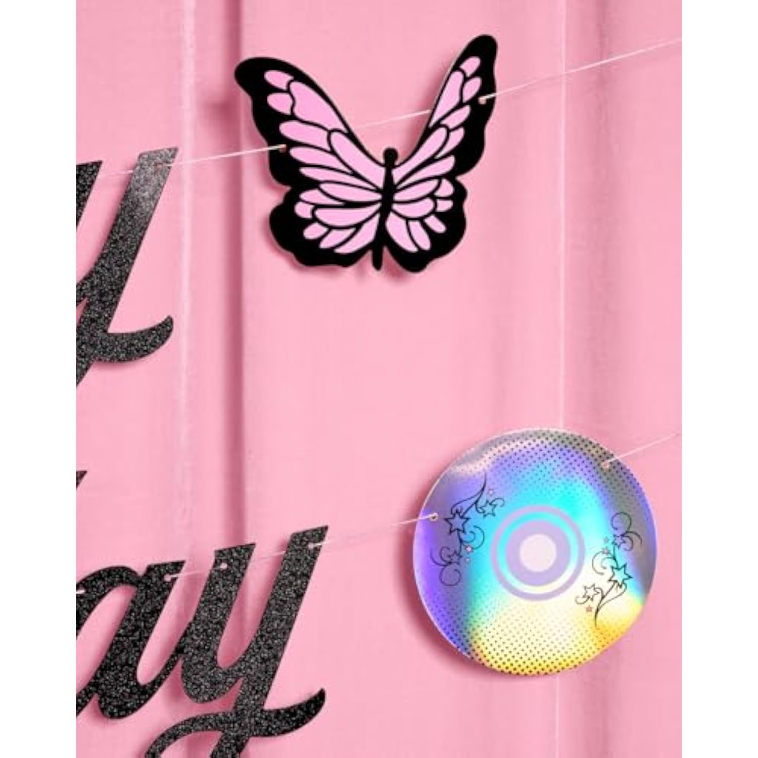 Y2K Birthday Banner - 4.5' | Early 2000S Birthday, Decorations, Butterfly Party, Black, Glitter, Retro, 90S, Cd Decor