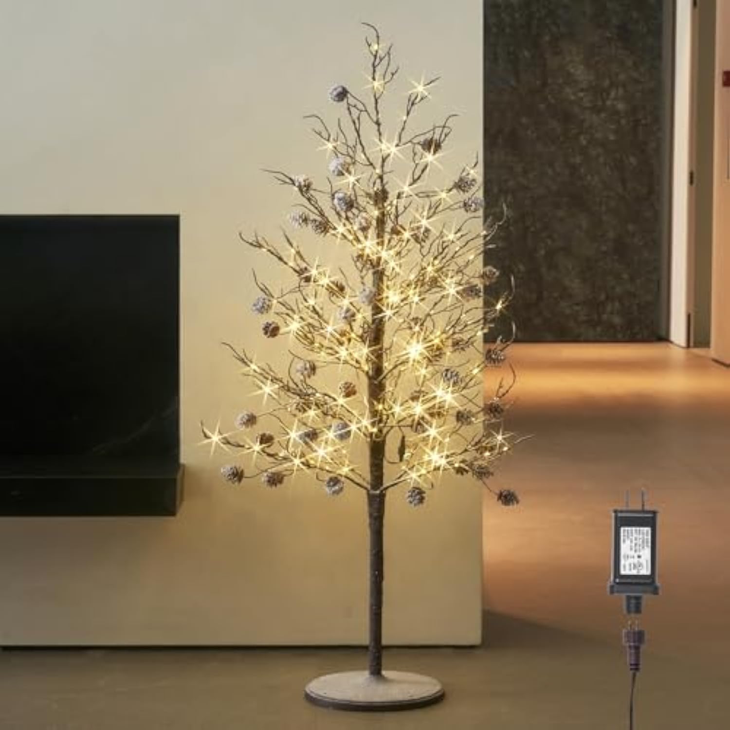 Lighted Flocked Tree With Pine Cone 4Ft With Timer And Dimmer, Twig Tree Lights With Lights For Home Christmas Decoration Indoor Outdoor