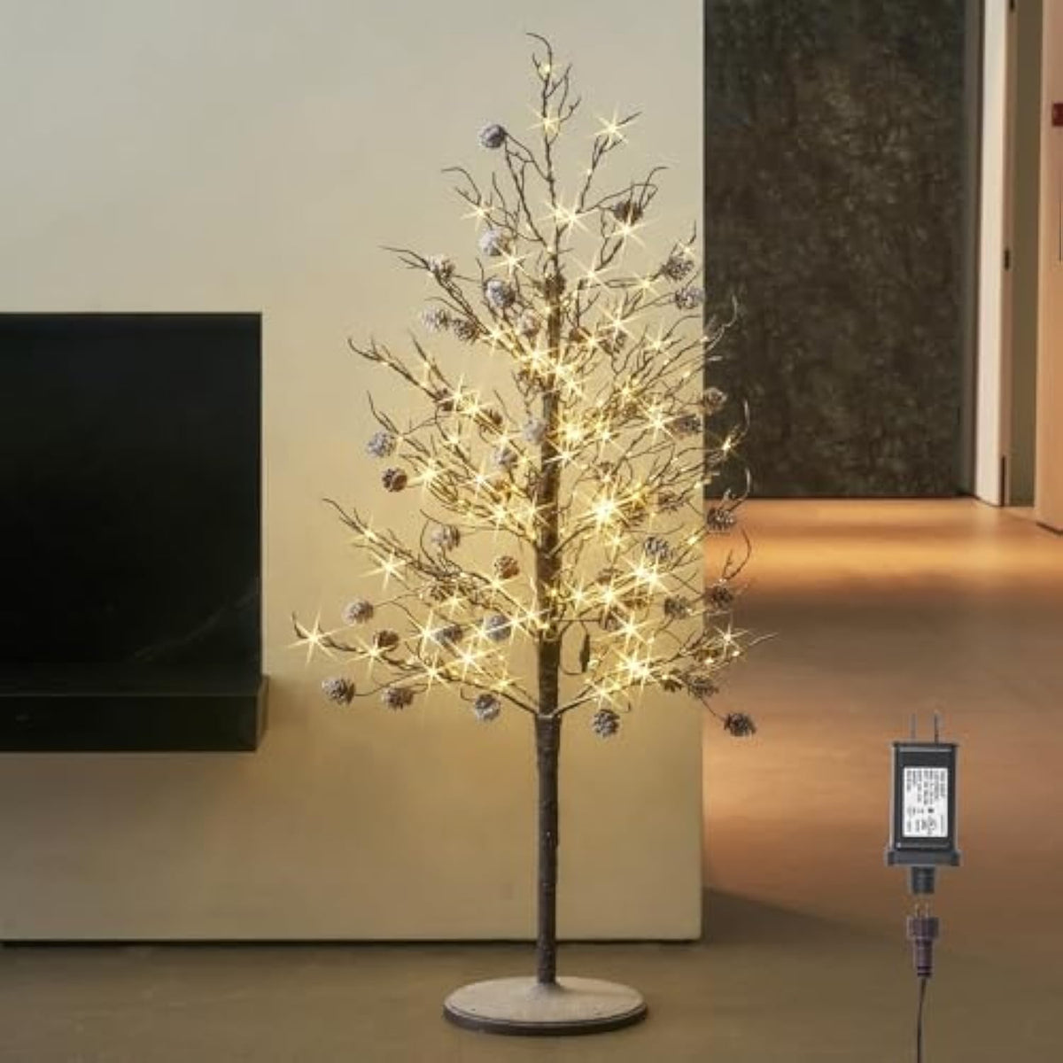 Lighted Flocked Tree With Pine Cone 4Ft With Timer And Dimmer, Twig Tree Lights With Lights For Home Christmas Decoration Indoor Outdoor
