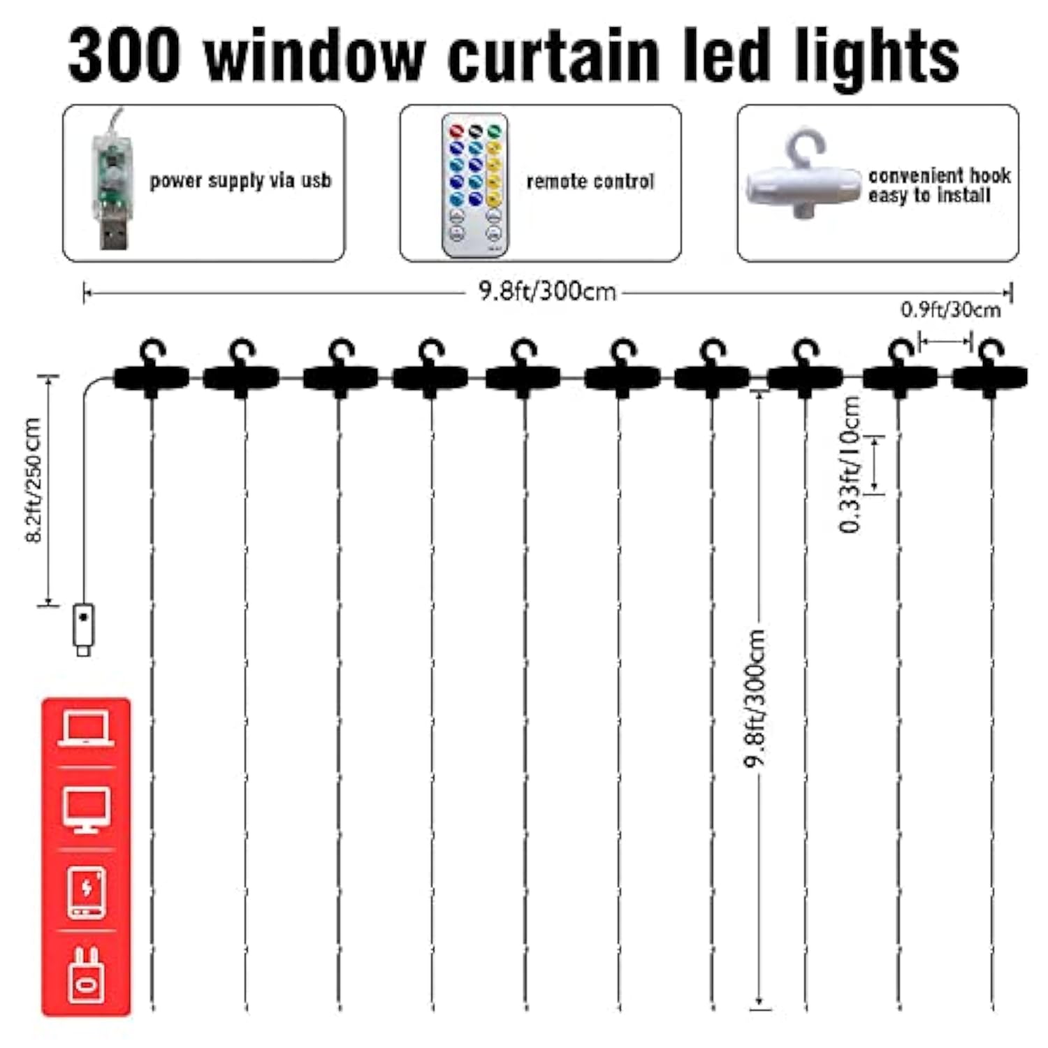 Curtain String Lights, 300 Led 9.8Ft X 9.8Ft 8 Lighting Modes Fairy Lights Usb Powered, Waterproof Lights For Christmas Party Wedding Outdoor Indoor Wall Decorations (White)