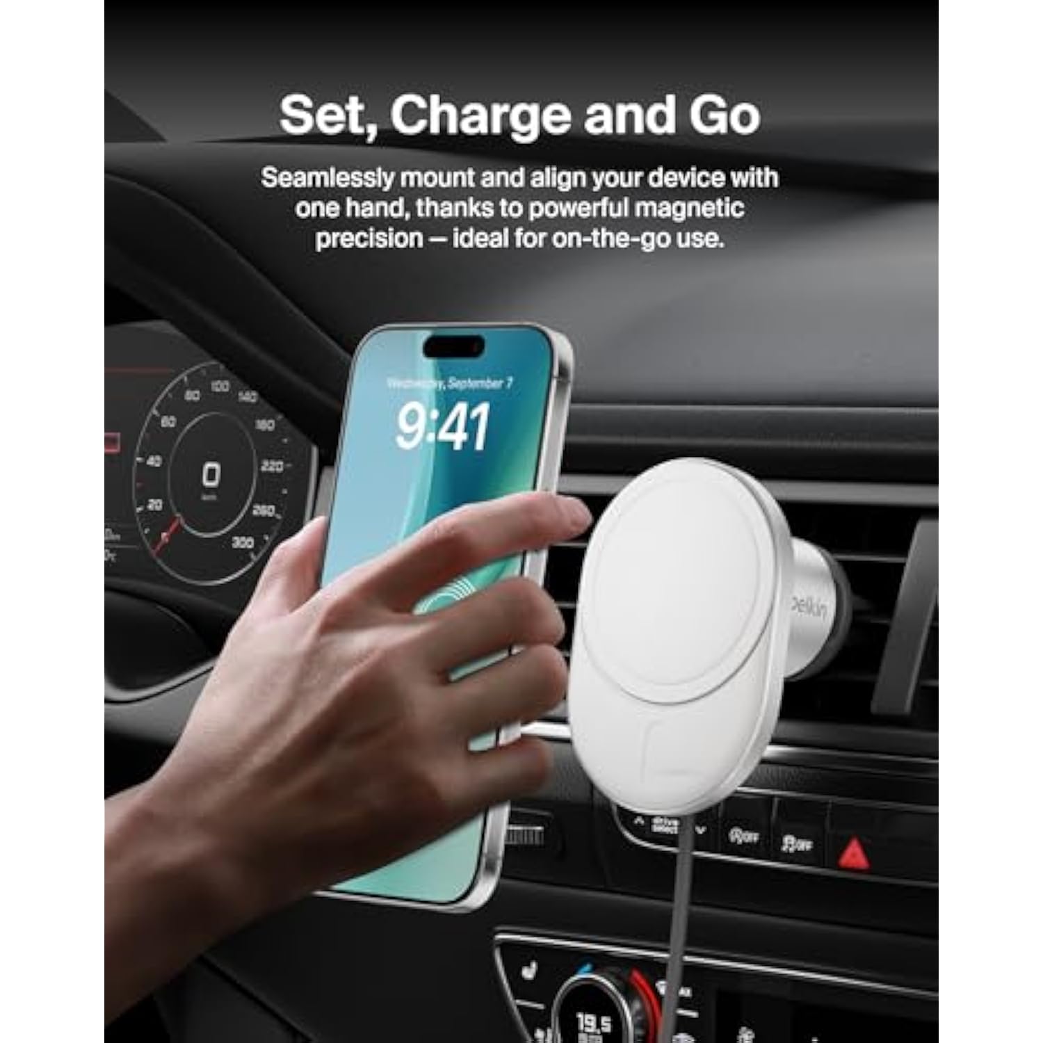 Belkin Wireless Car?Charger 15W - MagSafe-Compatible Magnetic Charger - Qi2-Certified Wireless Charger, Magnetic Car Vent Phone Mount for iPhone 16, 15, 14, 13, 12, & Samsung Galaxy S25 Series - Gray