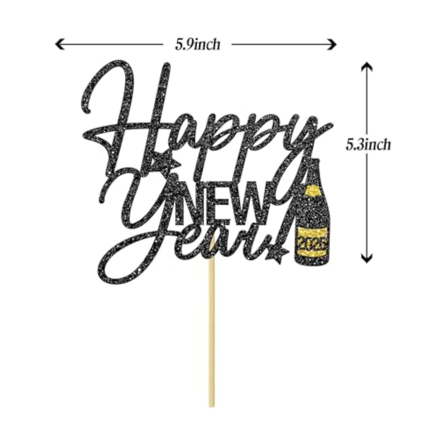 Happy New Year 2026 Cake Topper Black Glitter for Party Decorations