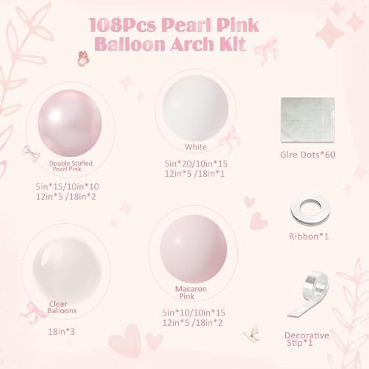 Pink Balloon Arch Kit, 108Pcs Double Stuffed Balloon Arch Garland Kit Include Pearl Pink Macaron Pink White Balloons Clear Balloons For Birthday Wedding Baby Shower Bridal Party Decorations
