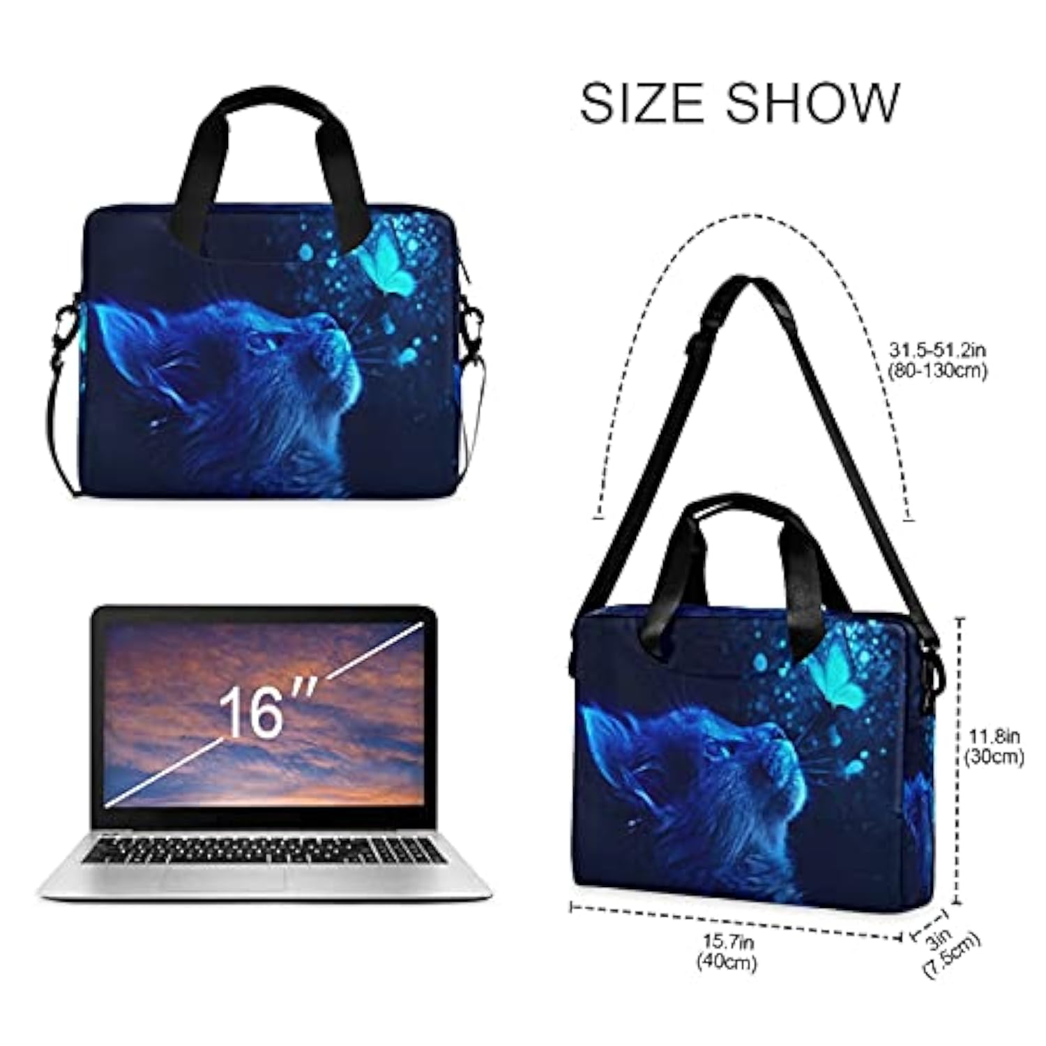 Cat Butterfly Light Blue Laptop Messenger Bag Case Sleeve Briefcase For Men Women