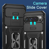 Case For Google Pixel 9 Pro Xl With Slide Camera Cover+Screen Protector(1 Pack), Rotated Ring Kickstand Military Grade Shockproof Protective Cover-Black