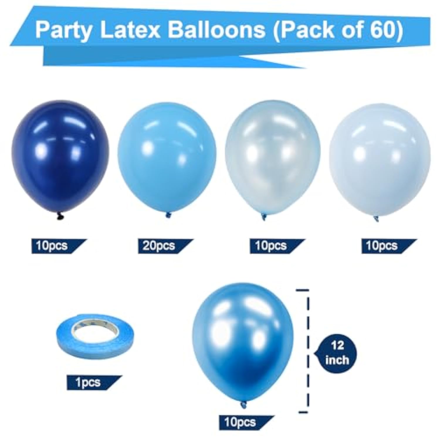 60pcs Blue Balloon Set – 12" Metallic, Navy, Pearl & Pastel Balloons for Party Decorations