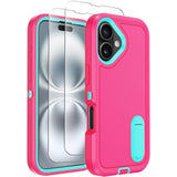 For Iphone 16 Plus Case With Built-In Invisible Kickstand, [2*Screen Protector] Military-Grade Protection Shockproof Protective Cover, Hard Back Stand Phone Case For Iphone 16 Plus (Pink)