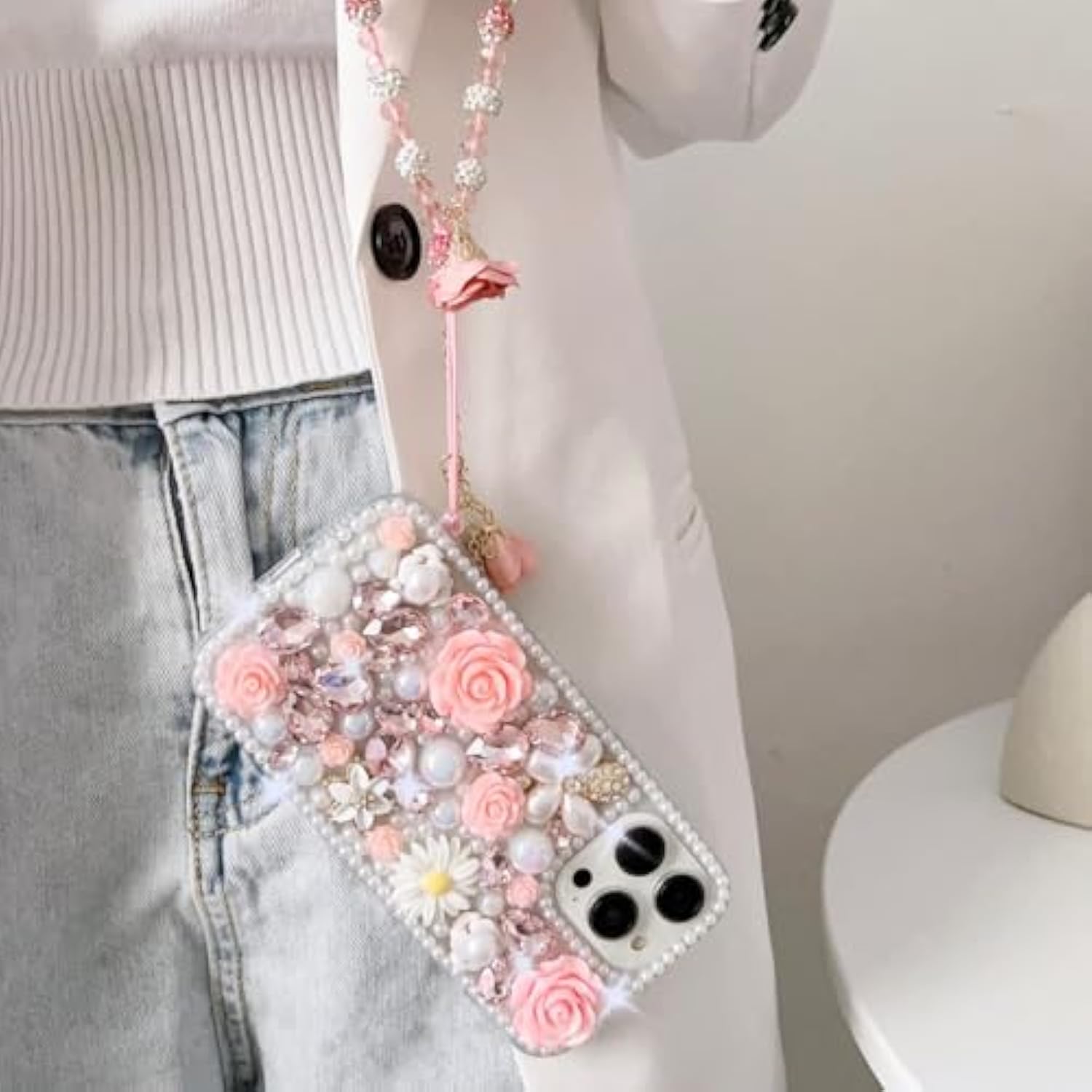For Iphone 16E Glitter Bling Case,Cute Girly Luxury 3D Sparkle Crystal Rhinestones Flowers Diamond Pearl Gems With Lanyard Wrist Strap Women Girls Phone Case For Iphone 16E 6.1" 2025 (Pink)